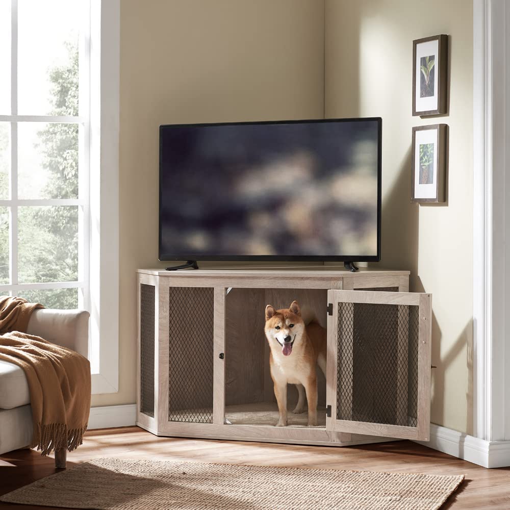 【Pet】Furniture Corner Dog Crate with Cushion, Dog Kennel with Wood and Mesh, Dog House